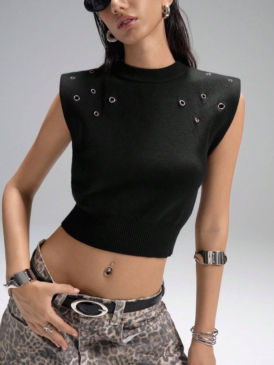 LYSMO Decorazione in metallo nero minimalista, spalle larghe, colletto alto piccolo, stile old money, abbigliamento da ufficio per donna, comodo e casual, versatile per pendolarismo e campus