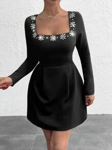 EURMUSE Rhinstone Embellishment Detailed Square Neck Long Sleeve Princess Shape Elegant Short Dress - Black - View 3