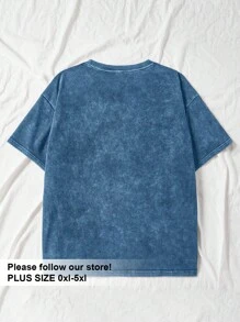 SHEIN EZwear Plus Size Acid Washed Look Vintage Knitted Distressed Loose Fit Knit Butterfly Cartoon Pattern Short Sleeve T-Shirt - Blue - View 7