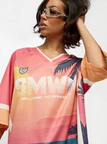 SUMWON WOMEN Chào mừng đến với Paradise In Áo bóng đá cỡ lớn Phong cách áo phông Ngày thi đấu thể thao Cổ chữ V Thời trang dạo phố Bãi biển mùa hè Cây cọ Thiết kế đồ họa Đội - Màu Hồng  Dưa hấu - Xem 5