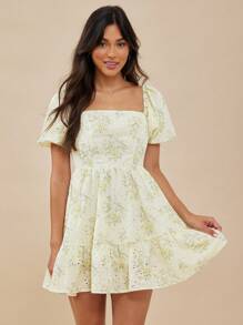 WESTFADE Floral Print Square Neck Ruffle Hem Summer Short Sleeve Dress - Yellow - View 2