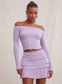 NYA SZN Figurbetonte gerippte Top mit Rüschenbesatz, flieder lila süßer Sommer-Look - Violett - Übersicht 1