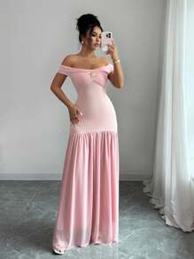 Elenzga Women's Off Shoulder Elegant Contrast Mesh Dress, Summer - Pink - View 3
