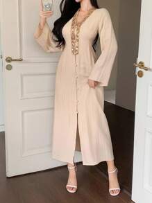 DAZY Casual Loose Splicing Flare Sleeve Long Dress For Women,Fall Dress Long Sleeve Dress - Pink - View 6