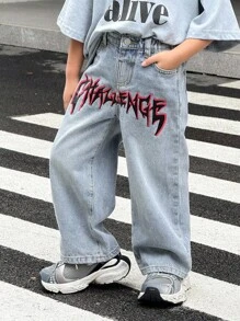 SHEIN Young Boy Retro Blue Denim Loose Baggy Jeans,Distressed Graffiti Letter Printed Streetwear For Summer,Career Day,Back-To-School,Halloween,Fall,Winter - Light Wash - View 6