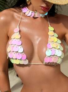 Swim SXY Beach Summer For Women, New European And American Style Swimwear Bikini Cover Ups With Hollow Design And Sequin Decoration, Hand-Crocheted - Beige - View 8