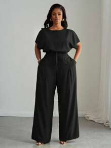 Slaydiva 2pcs Plus Size Women Set,Black,Autumn,Smart Casual,Everyday Loose Drop Shoulder Crop Top,Drawstring Hem,Wide Leg Pants With Pockets,Business Casual - Black - View 8