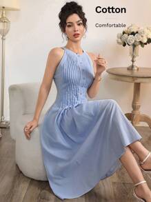 Modelyn 女士天蓝色褶皱棉质中长连衣裙，夏季 - 粉色 - 查看 4