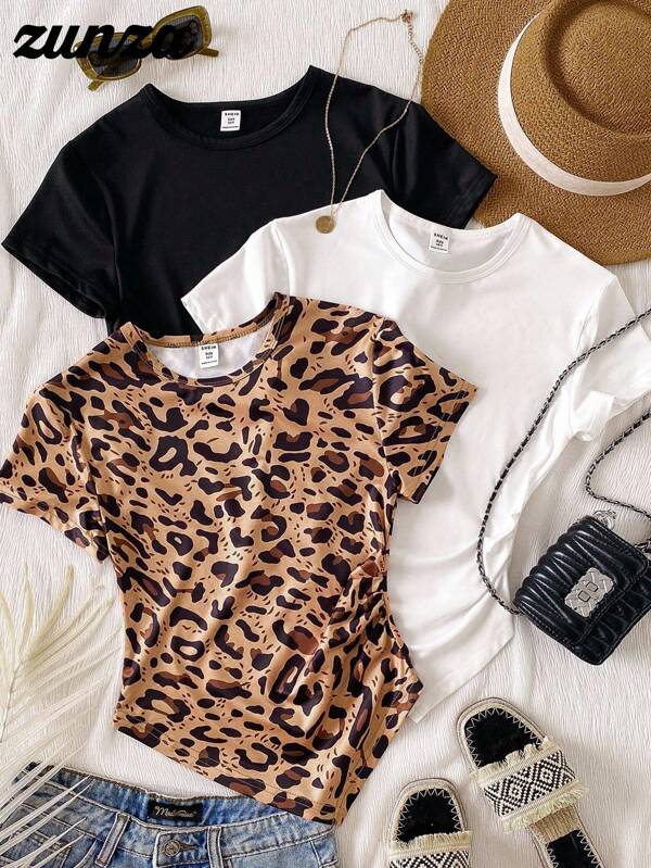 3pcs/Set Girls Teen Crew Neck Short Sleeve Fitted Asymmetric Hem T-Shirts, Black, White, Leopard Print, Summer Casual Leopard Print Top Cheetah Print Top Animal Print Top Casual Tops For Teen Girls Teen Girl Clothes