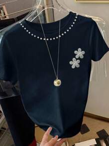 Resyla 重工工艺镶嵌闪亮白珍珠，烫钻珍珠小花，时尚气质宝蓝色女士T恤 - 寶藍色 - 查看 3