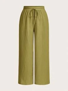 SHEIN Essnce Plus Women's Summer Vacation Business Casual Woman Office New Style Fashion Casual Commuting Vacation Light Breathable Comfortable 3 Pieces Loose Wide-Leg Pants, Seaside Pants - Khaki - View 6