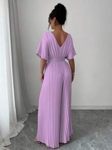 Elenzga 纯色深 V 领蝙蝠袖褶皱优雅女式连体裤 - 淡紫色 - 查看 2