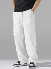 Manfinity Hypemode 男士抽绳腰多口袋阔腿休闲裤白色工装裤男士宽松直筒休闲裤，秋季 - 白色 - 查看 4