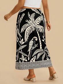 Travachic Falda para mujer talla grande de dos tonos con estampado geométrico y floral estilo bohemio y casual de vacaciones con flecos y nudo, otoño