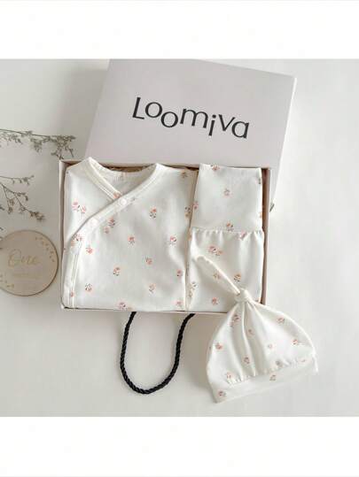 Loomiva 新生男婴/女婴 5 件套碎花针织柔软圆领长袖上衣、松紧腰裤、襁褓毯、帽子和手套