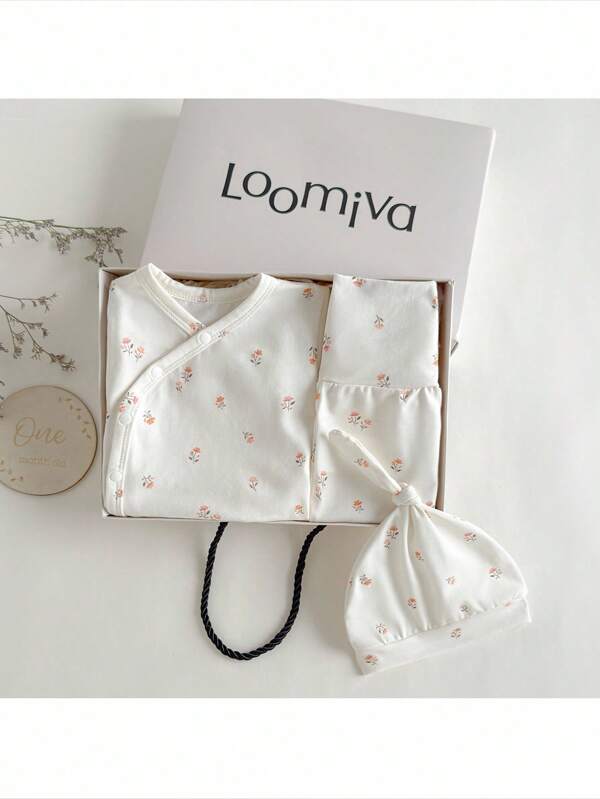 Loomiva Newborn Baby Boy/Girl 5pcs/Set Ditsy Floral Knitted Soft Round Neck Long Sleeve Top, Elastic Waist Pants, Swaddle Blanket, Hat And Gloves
