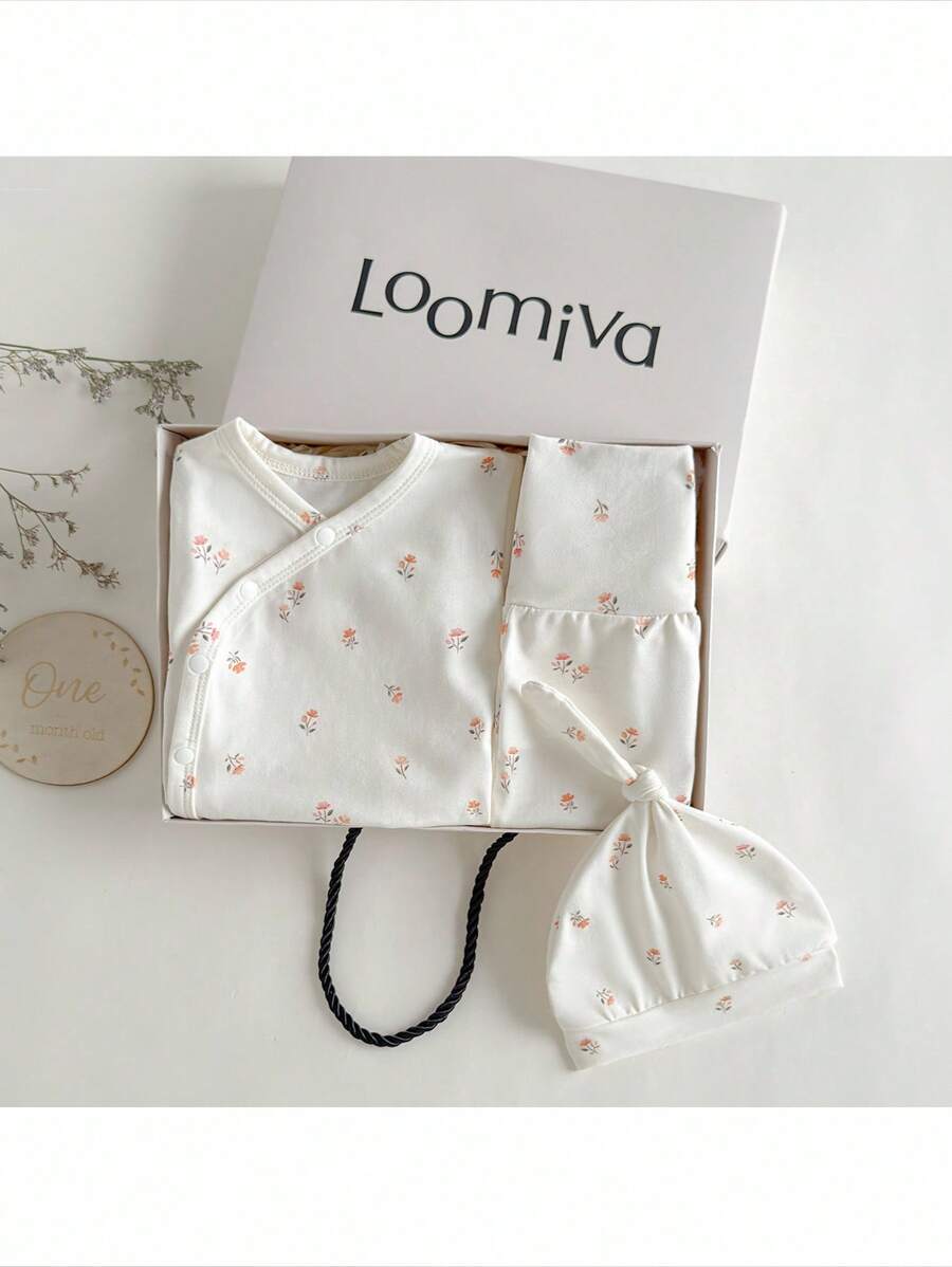 Loomiva 新生男婴/女婴 5 件套碎花针织柔软圆领长袖上衣、松紧腰裤、襁褓毯、帽子和手套 - 杏色 - 查看 1