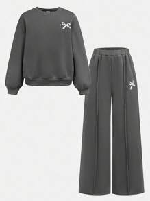 Tween Girls Casual Bow Print Knit Solid Color Loose Dropped Shoulder Long Sleeve Hoody And Wide Leg Sweatpants Set Teen Girls Clothing Sets Teen Sweatsuit Set Girls 2 Piece Outfits Tween Girls Sweatsuit Set Sweat Sets For Tweens Fall Winter - Grey - View 12