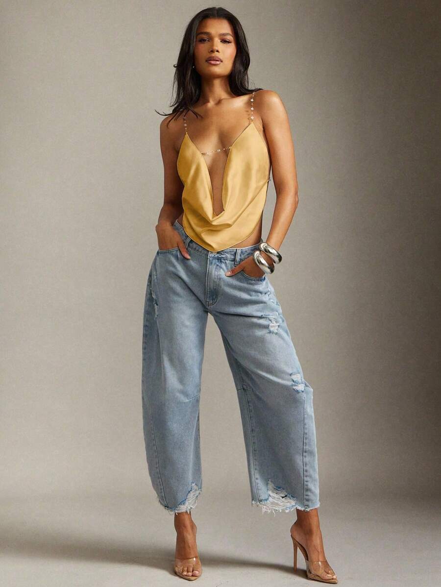 Denimoi Áo cổ có dây xích trang trí họa tiết dành cho nữ - Màu vàng - Xem 1