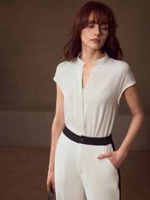 MOTF PREMIUM 女士夏季休闲简约纯色缺口领蝙蝠袖宽松衬衫 - 白色 - 查看 5