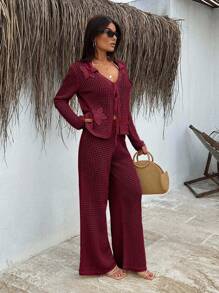 EURMUSE 女士夏季钩针海滩度假春季度假装波西米亚风纯棉白色派对太阳裙套装女式两件套沙滩装 - 酒紅色 - 查看 7