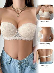 Lace Bra With Underwire & Removable Straps For Small Bust Women Lingerie - Apricot - View 7