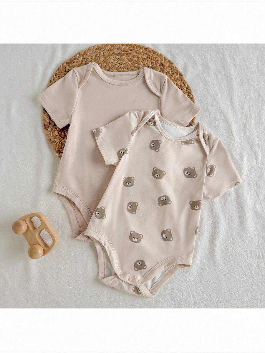 Loomiva 2pcs/Set Baby Boy Cartoon Bear Pattern Knit Soft Crew Neck Short Sleeve Bodysuit - Multicolor - View 1