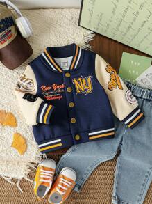 SHEIN 男婴字母徽章休闲棒球夹克，酷炫街头风，适合日常外出、大学、亲子装、派对等场合。男婴棒球夹克、男婴飞行员夹克、男婴棒球夹克套装，秋冬季日常休闲涤纶男婴夹克，下摆收口，常规袖长。 - 彩色 - 查看 2