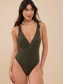 WESTFADE Traje de baño de una pieza con escote en V de punto waffle, tirantes con lazo, espalda baja y piernas altas que ofrece cobertura cheeky para verano, vacaciones y playa - Verde militar - Ver 5