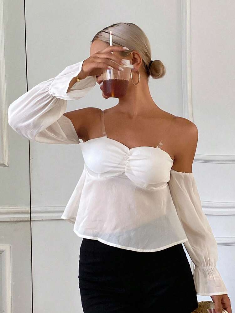 Women's Apricot Off Shoulder Pleated Puff Sleeve Texture Shirt, Suitable For Spring/Summer Vacation And Wedding
