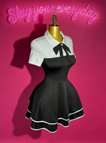 Slaydiva New Style Early Autumn And Summer Casual Street Hottie Style Sweet Girl Style Elegant Daily Date Birthday Party POLO Collar Bowknot White Splicing Black 2 In 1 Design Multi-Layer Cake Dress Ruffle Hem A-Style Dress Mini Dress Knitted Ladies Mini Dress-A