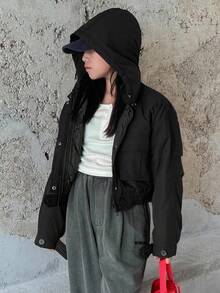 DAZY Tween Girls Hooded Solid Color Utility Pocket Padded Coat Winter - Black - View 5