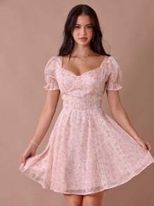 Enchnt Váy công chúa mini dễ thương in hoa màu hồng san hô pastel lãng mạn dành cho nữ, cổ tròn tay bồng, ren trang trí dễ thương - Nhiều màu - Xem 6