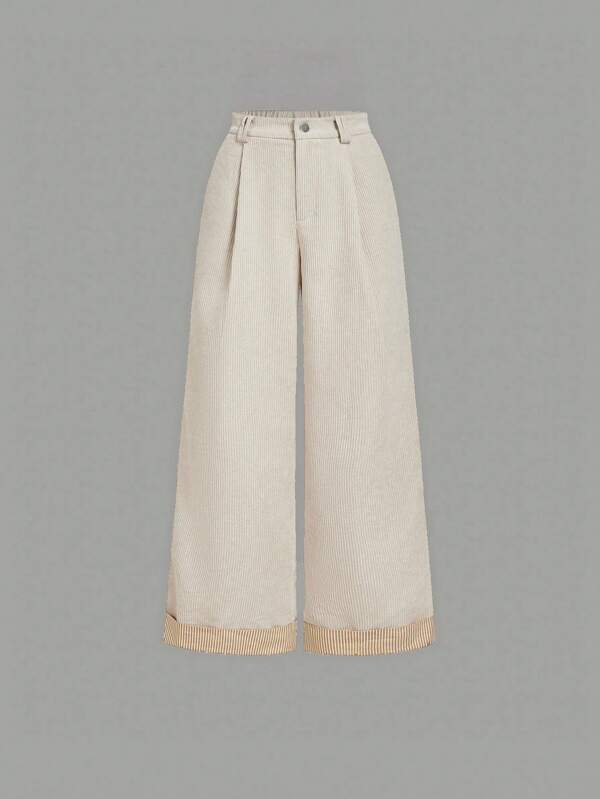 SHEIN MOD Women's Solid Color Vintage Simple Daily Corduroy Rib Pants,Khaki Women Pants,Wide Leg Women Pants