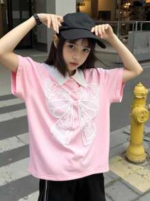 女童休闲时尚可爱蝴蝶印花Polo领T恤 - 粉色 - 查看 1