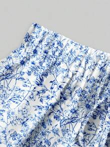 SHEIN EZwear 女士休闲度假三层蛋糕裙，适合夏季和度假，蓝白花卉、树枝和树叶印花 - 彩色 - 查看 3