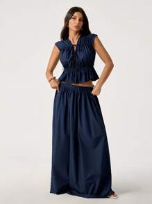 SHEIN Tall 2pcs/Set Women Navy Comfort Vacation Casual Commute Drawstring Top & Ruched Skirt Set - Navy Blue - View 5