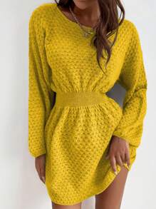 SHEIN LUNE Vestido casual de punto de cuello redondo, hombros caídos, manga larga y cintura ajustada de unicolor para mujer - Amarillo - Ver 3