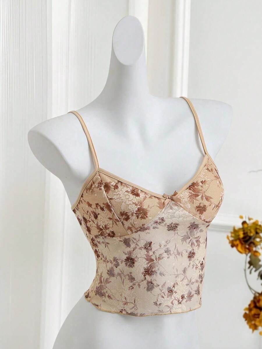 SHEIN Unity Áo thun nữ in họa tiết hoa ren - Màu Khaki - Xem 1