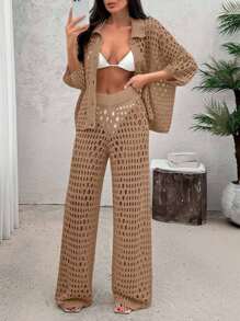 EURMUSE Women Hollow Out Cut Out Button Front Knit Shirt Top And Sweater Pant 2pcs Set Co-Ords Cover Up Beach Set - Camel - View 7