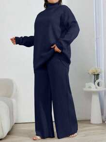 EURMUSE 2 Stücke Pullover mit hohem Ausschnitt und Dropped-Shoulder-Ärmeln und gerippte einfarbige Pullover-Hose