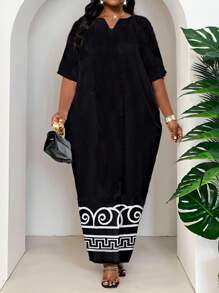 SHEIN Lady 春夏秋冬优雅黑白编织缺口长袍连衣裙加大码连衣裙邮轮装女装 - 彩色 - 查看 1