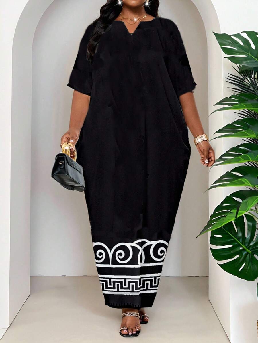 SHEIN Lady 春夏秋冬优雅黑白编织缺口长袍连衣裙加大码连衣裙邮轮装女装 - 彩色 - 查看 1