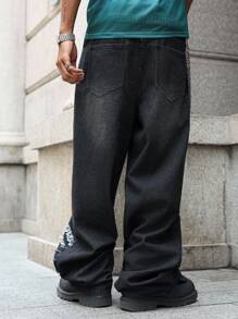 PAVTROS 美式街头时尚刺绣磨边黑色宽松阔腿牛仔裤，Emo风格