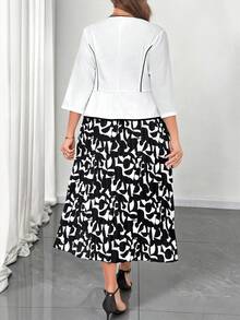 SHEIN Clasi 大码女式两件套，优雅黑白撞色办公室通勤时尚服装两件套裙子女士背心和裙子套装连衣裙配开衫套装黑白裙子黑白连衣裙 - 黑與白 - 查看 4