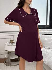Moonlight&Mama Maternity Dress With Embroidered Letter Pocket And Contrast Trim Peter Pan Collar