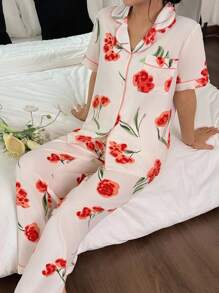 SHEIN 花卉印花翻领短袖睡衣套装 - 彩色 - 查看 5