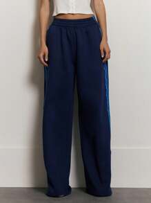 MUSERA Gestreifte Jogginghose mit weitem Bein und hoher Taille, Sommer Coolgirl Lässig Urlaub Reise Niedlich Elegant Flughafen Büro Outfit für Frauen, Büromode Damen, Winter - Königsblau - Übersicht 2