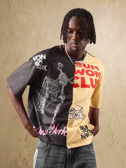 SUMWON Graphic Split Design T-Shirt Skeleton Print Urban Streetwear Club Style New York Theme Summer Festival Party Casual Downtown Club Night