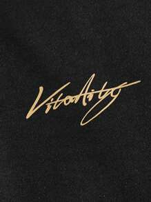 Manfinity VCAY Men Letter Graphic Contrast Collar Long Sleeve Quarter Button Color Block Going Out Casual Polo Shirt - Black - View 4